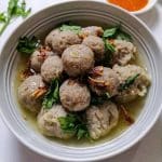 A bowl of Bakso, Indonesian meatballs in soup.