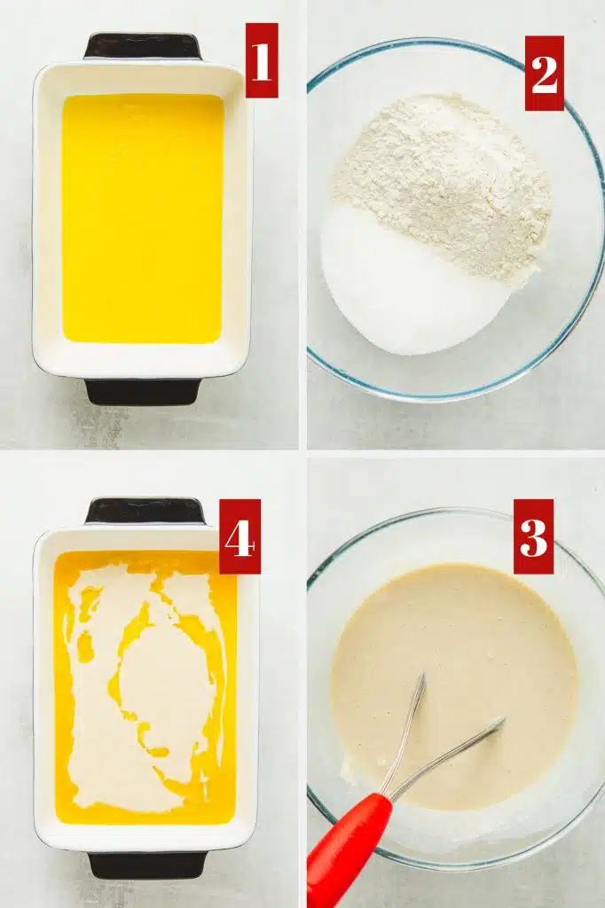 Photo collage of how to prepare batter for cobbler.