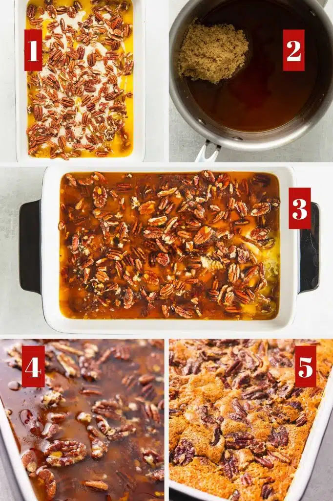 Photo collage of how to make pecan cobbler.