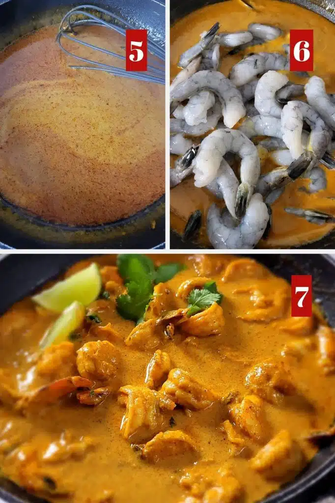 Photo Collage of making shrimp curry.