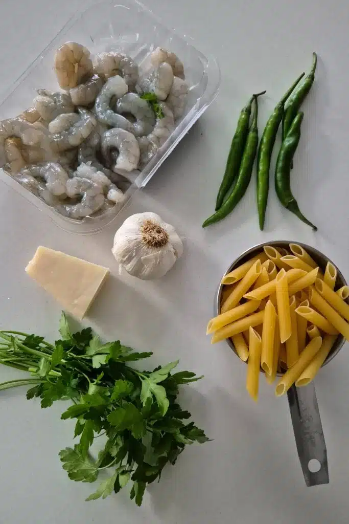Ingredients for spicy shrimp pasta.