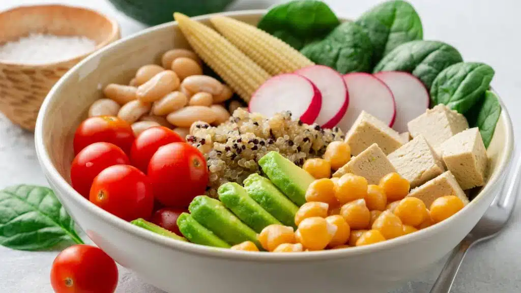 A bowl of vegetables, tofu, beans, and lentils.
