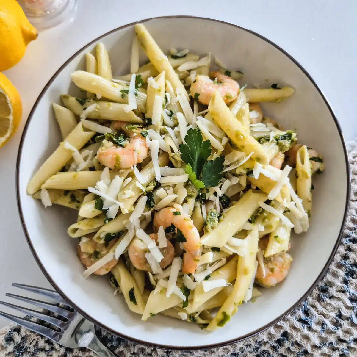 A dish of spicy shrimp pasta.