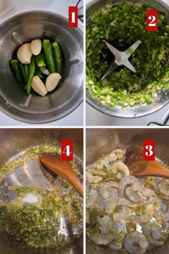 Photo collage of making chili paste and frying the spices.