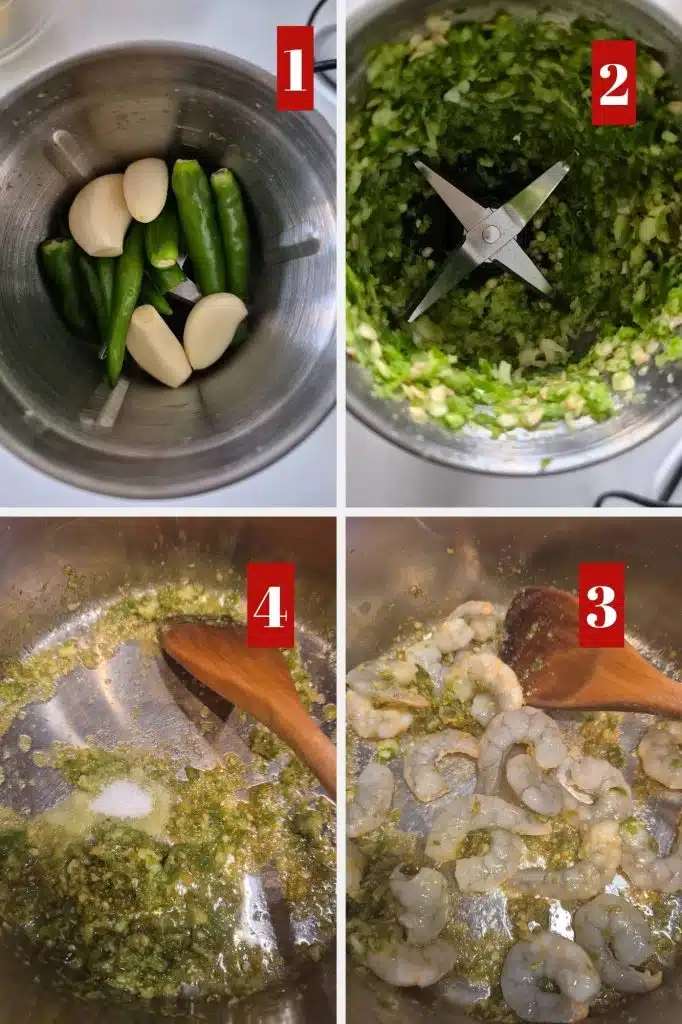Photo collage of making chili paste and frying the spices.