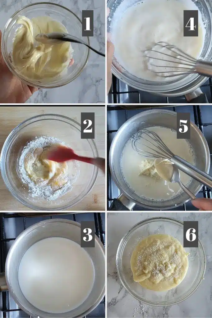 Photo collage of how to make creme pattisserie.