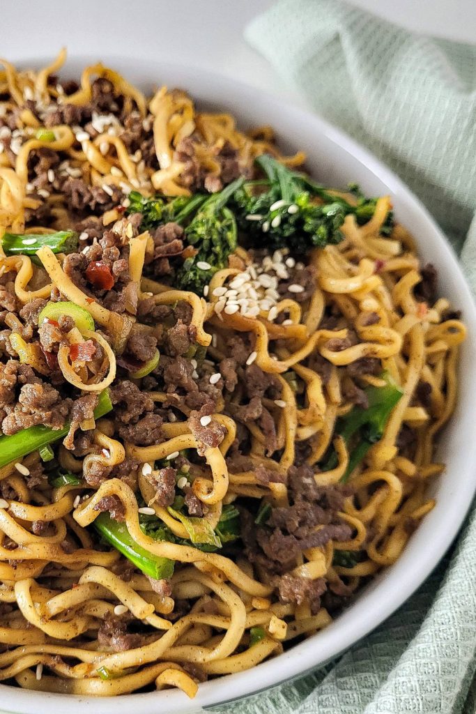 Stir fried noodles with ground beef and tenderstem broccoli.