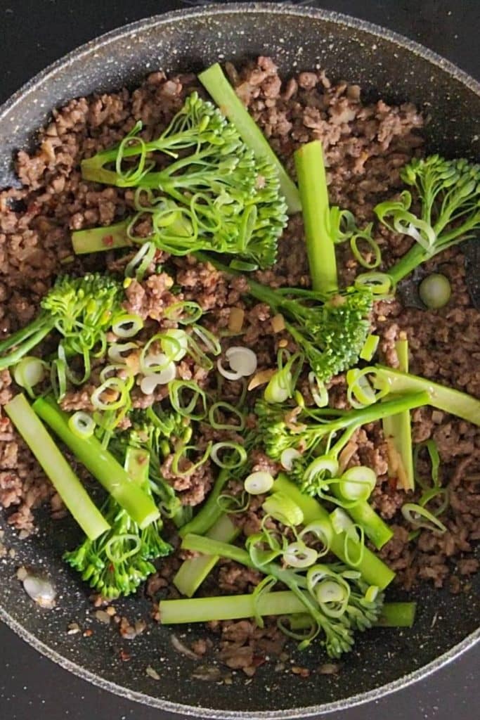 Ground beef with tenderstem broccoli and sliced green onions.