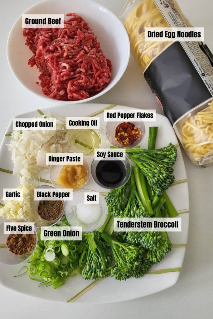 Ingredients for making ground beef noodle stir fry.
