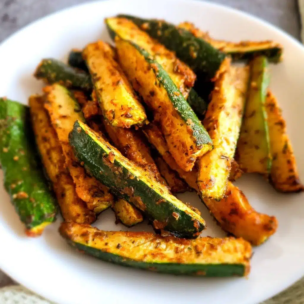 Cooked air fryer zucchini fries on a white plate.