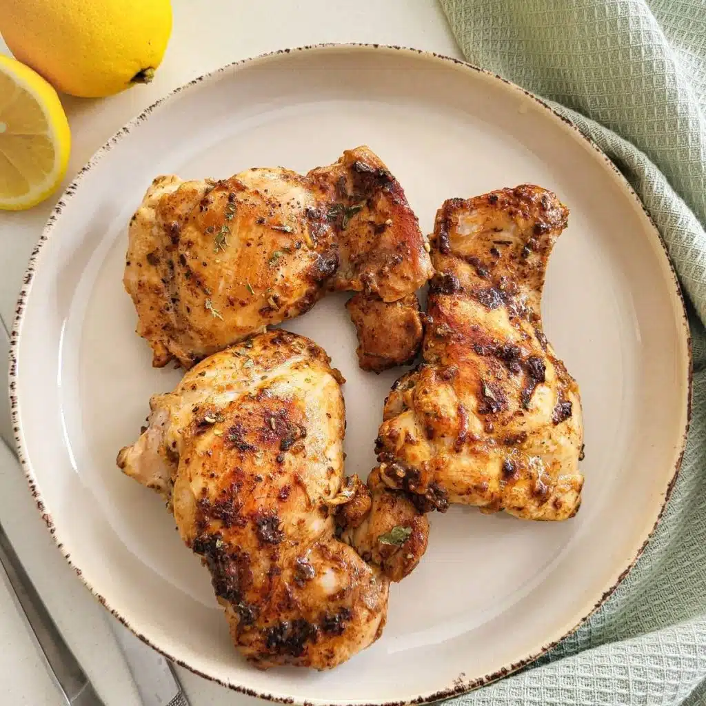 Cooked lemon pepper chicken thighs on a round plate.
