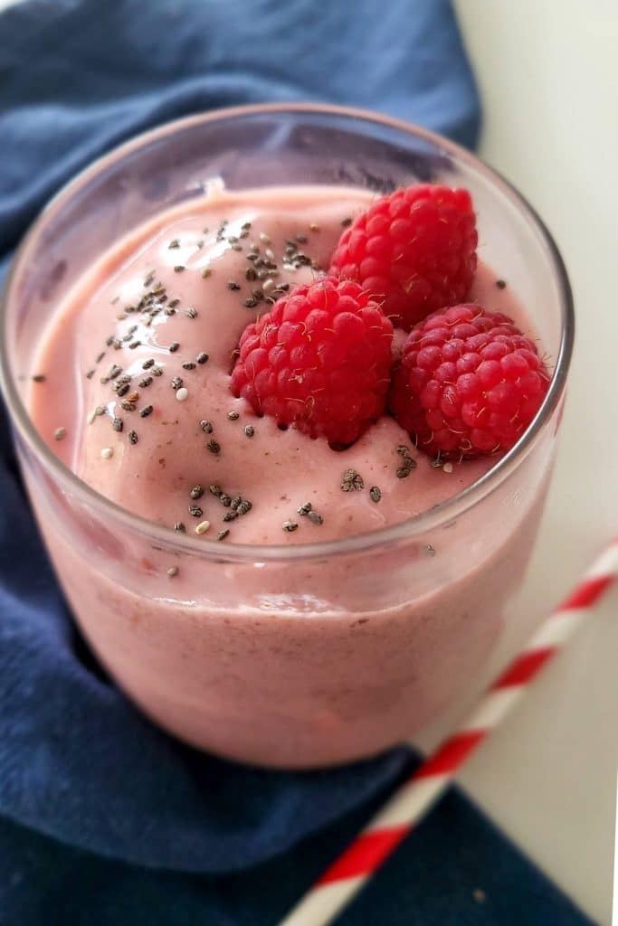 Raspberry smoothie with chia seeds.