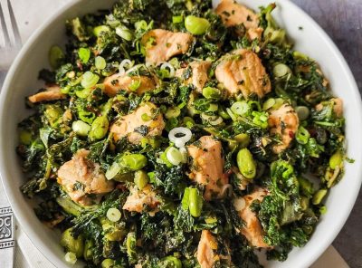 Salmon Kale Salad with Edamame and Garlic Chili Dressing
