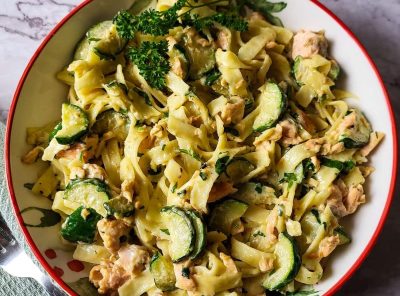 Creamy Salmon and Zucchini Pasta with Garlic and Chili