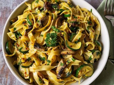 Zucchini Mushroom Pasta with Garlic, Chili, and Parsley